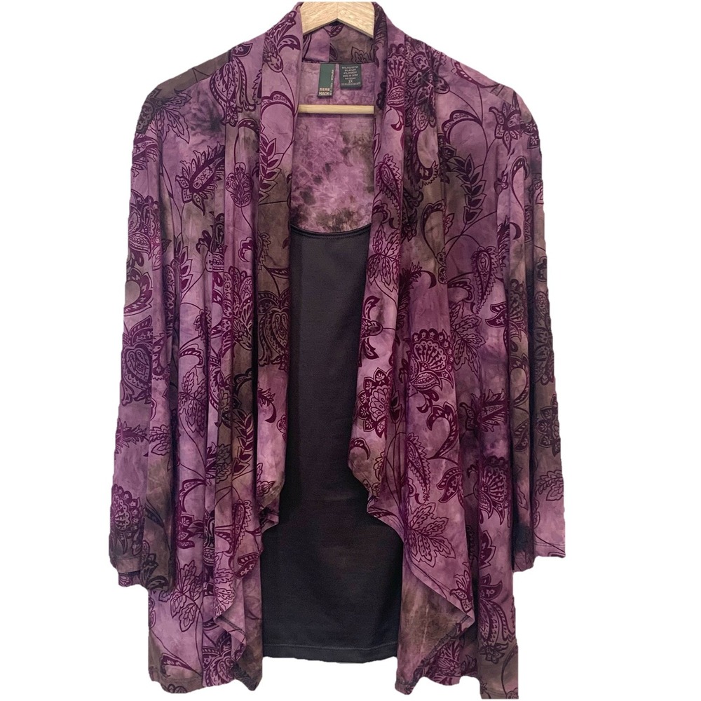 Serenade Purple Burn Out Top 2X Faux Twin Open Drape Kimono Shell Stretch‎ Boho